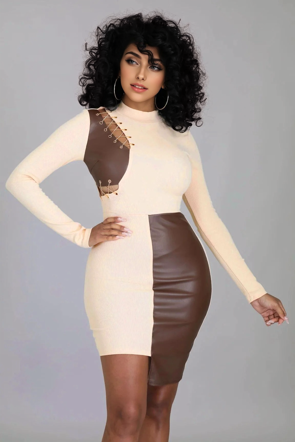 Julia Fashion - Women PU Eyelet Patchwork Color Blocking Mini Dress