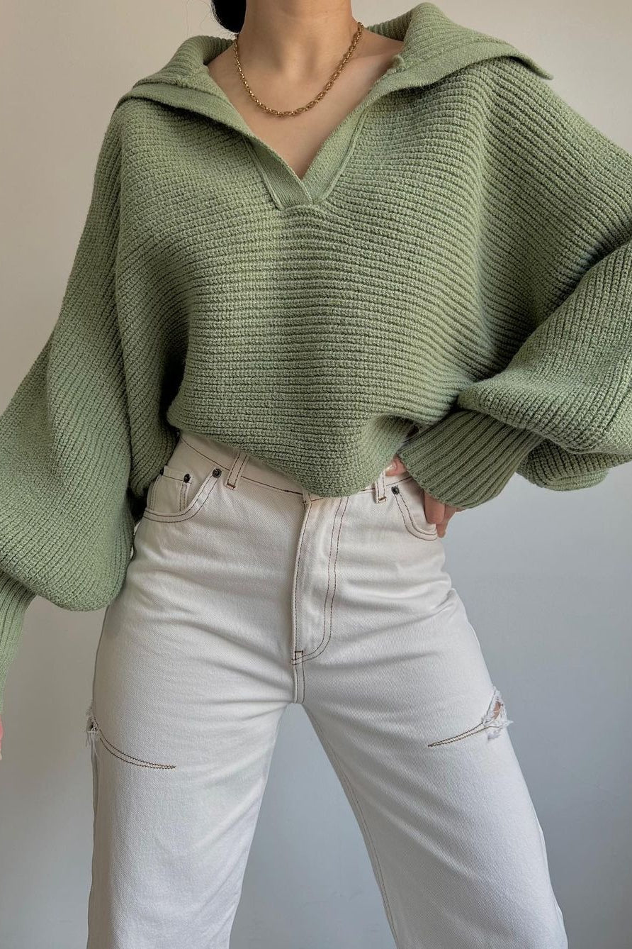 Lantern Sleeve Open Collar Knit Sweater Green / S