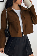 Solid Color Cropped Zip Sleeve Jacket S / Brown
