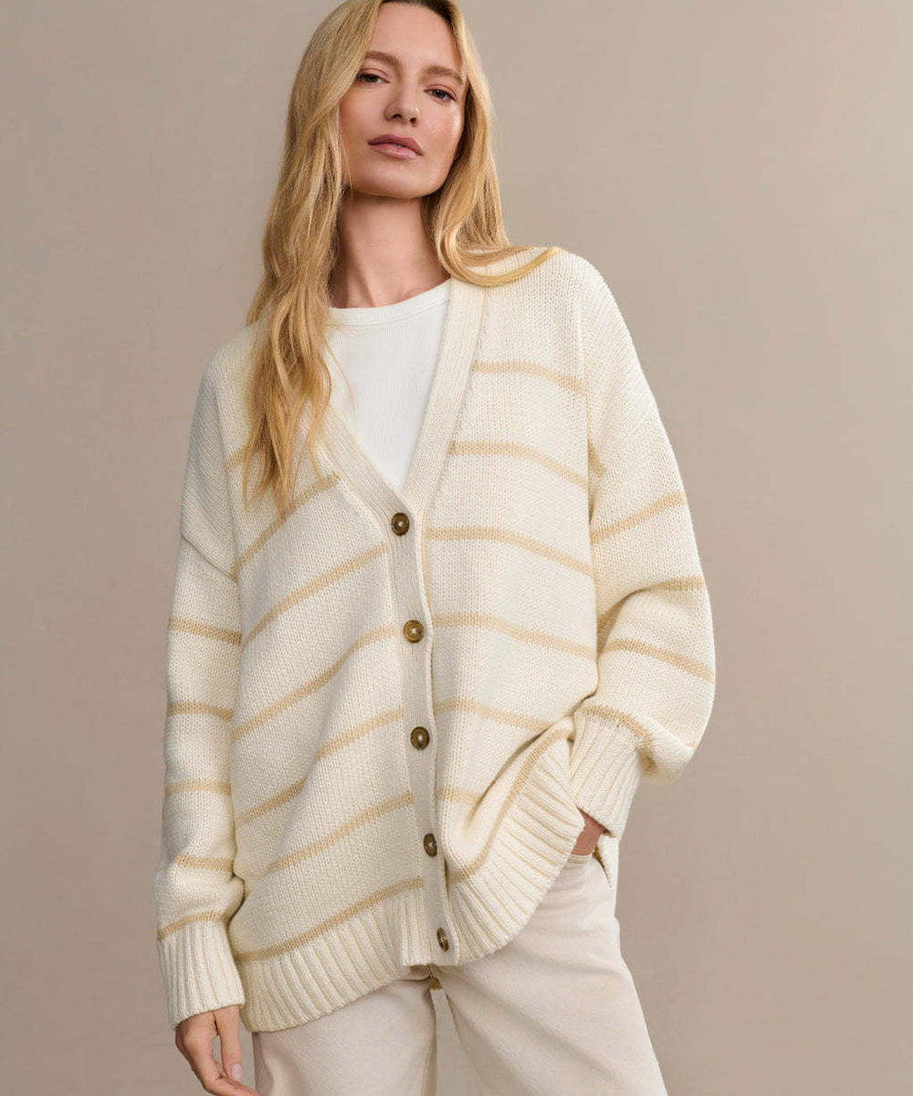 Striped V Neck Knit Cardigan Beige / S
