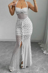 Polka Dot Backless Cami Mesh Maxi Dress