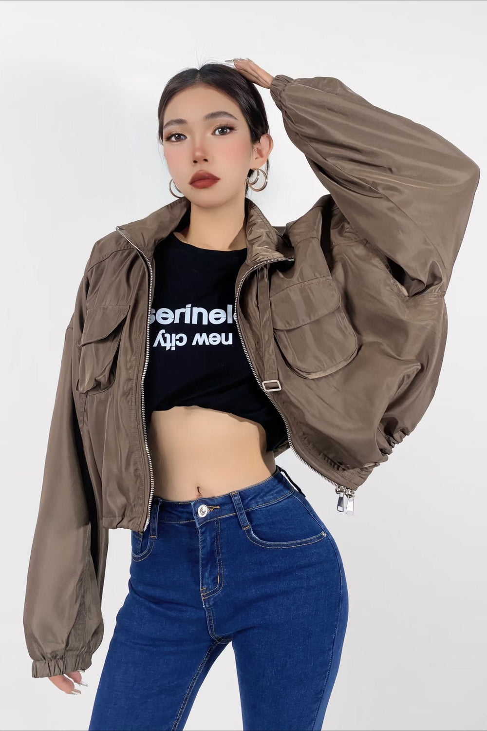 Cropped Cargo High Neck Coat coats