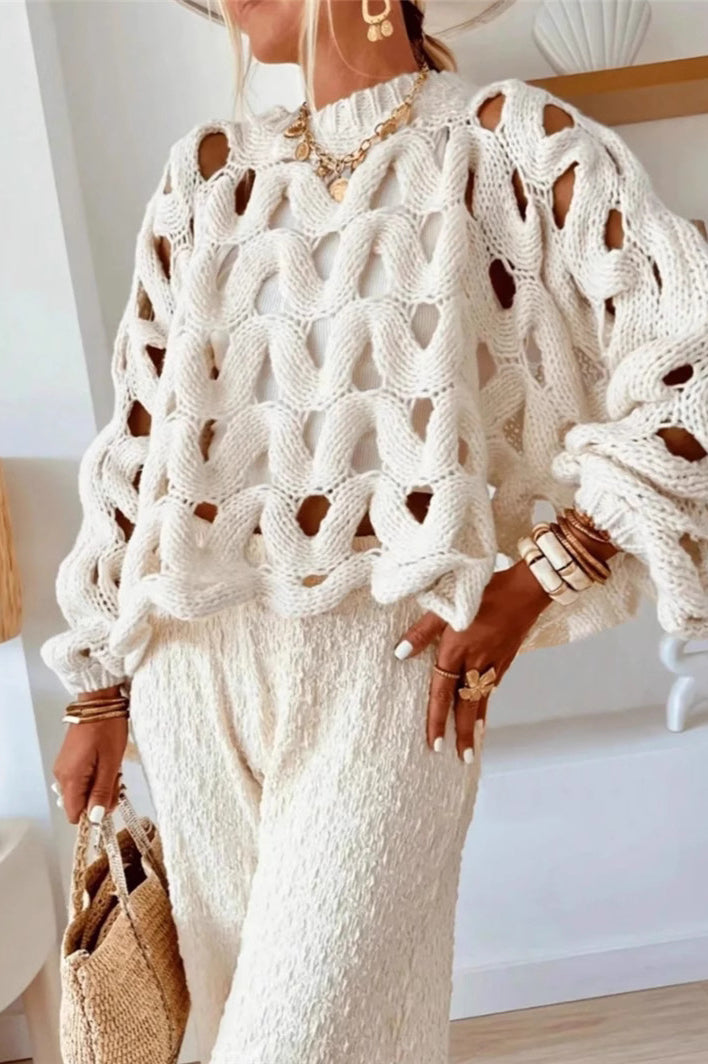 Crochet Knit Hollow Out Pullover Sweater S / White