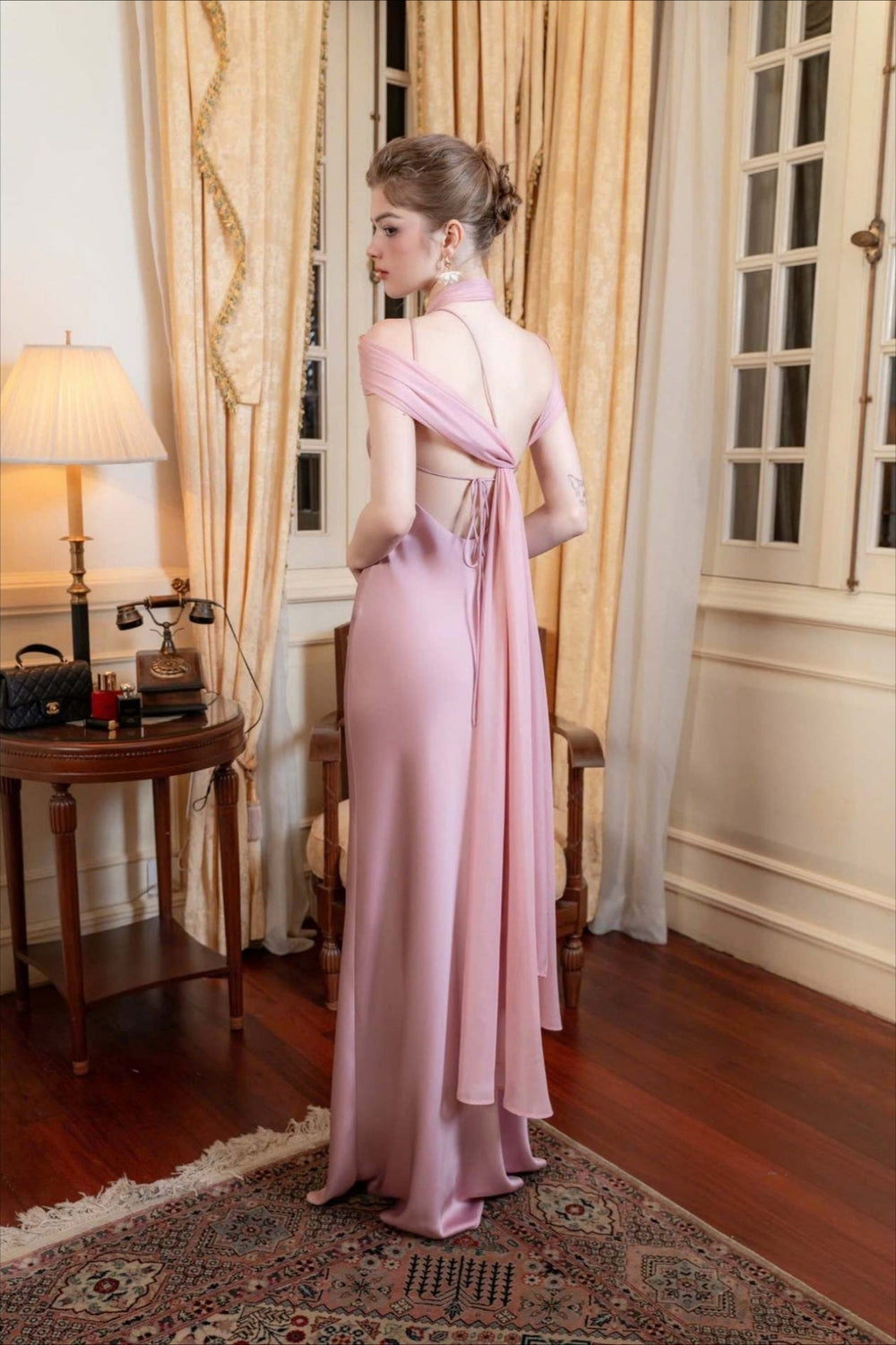 Elegant Satin Slant Neck Sheath Formal Dress S / Pink