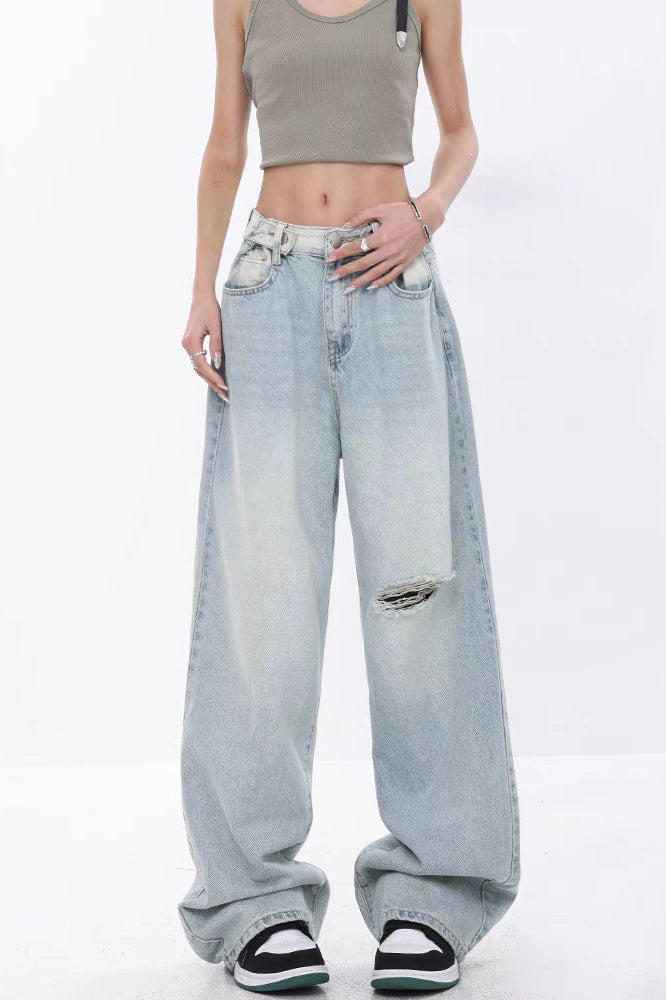 High Waist Draped Gradient Ripped Jeans Light Blue / S