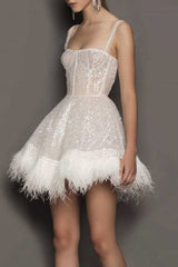 Feather Sequin Strapless Party Dress S / White