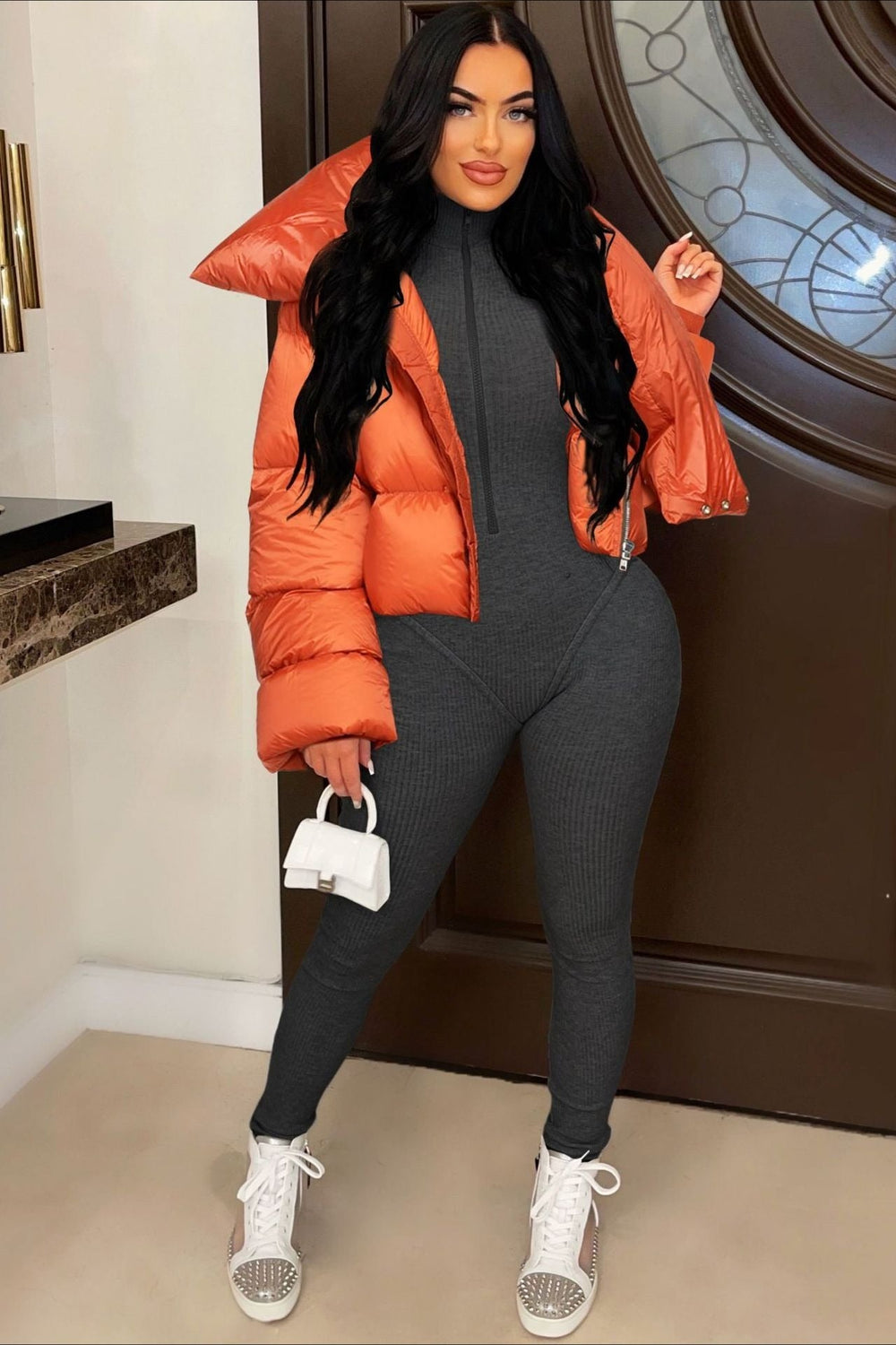 High Neck Scarf Collar Quilted Puffer Jacket