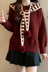 Striped Shawl Collar Pom Pom Solid Sweater
