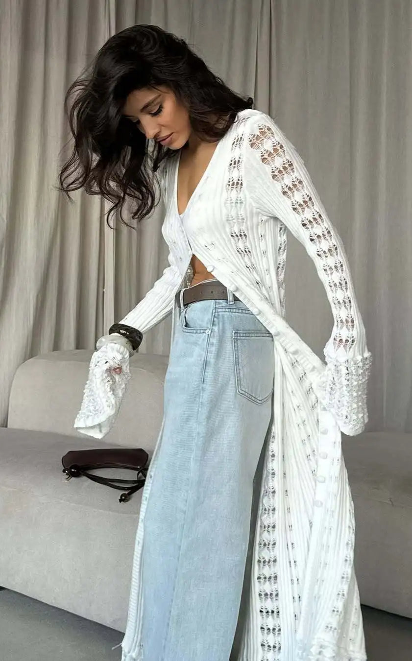 Knitted Flare Long Sleeve Beach Cardigan White / S