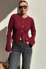Solid Rib Knit Slim Cardigan Wine Red / S