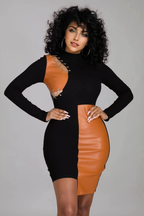 Julia Fashion - Women PU Eyelet Patchwork Color Blocking Mini Dress