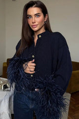 Elegant Button Solid Feather Paneled Sweater