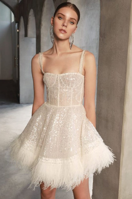 Feather Sequin Strapless Party Dress