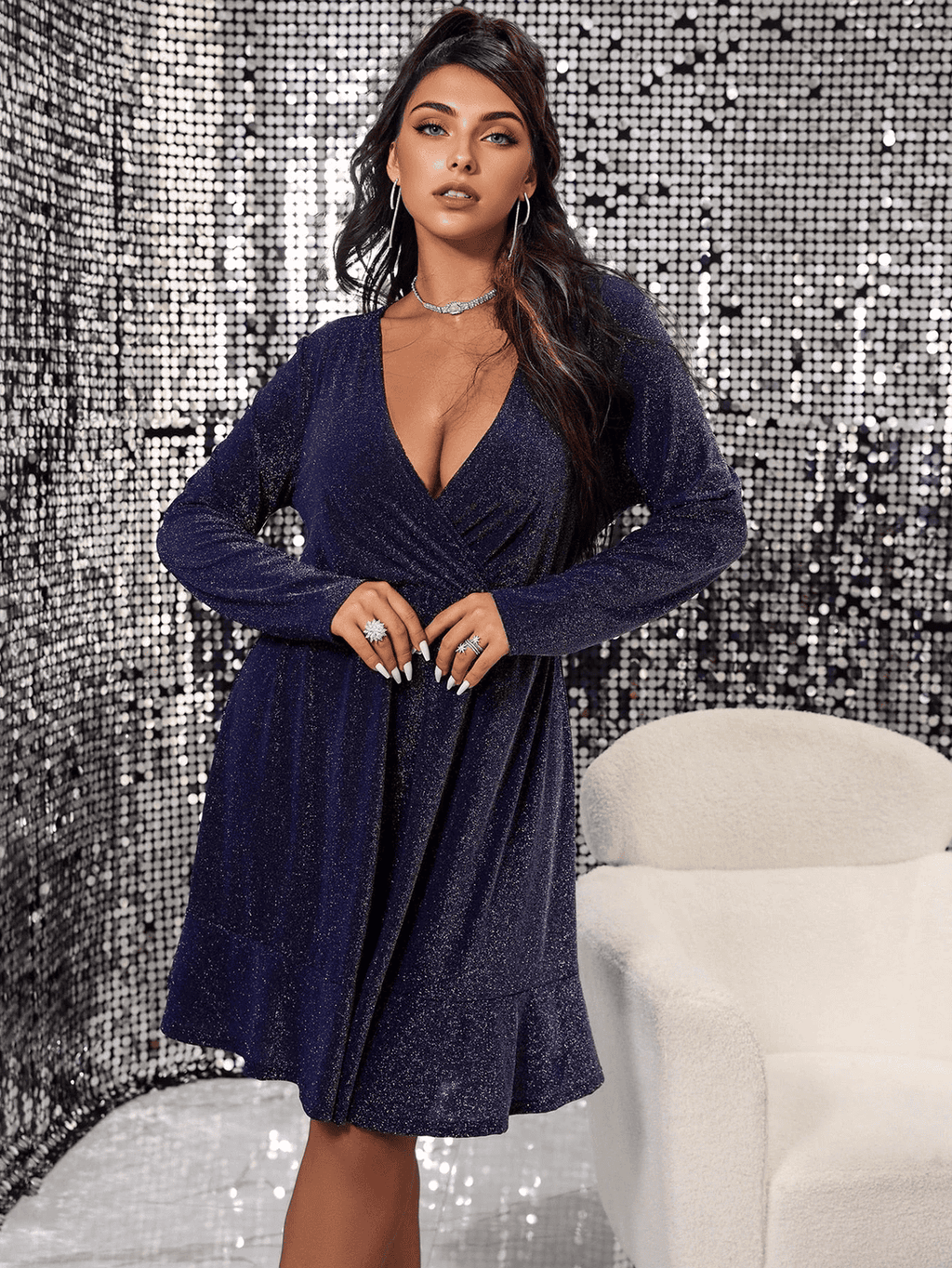 JuliaFashion - Sexy Curve V-Neck Long Sleeve Evening Party Dress