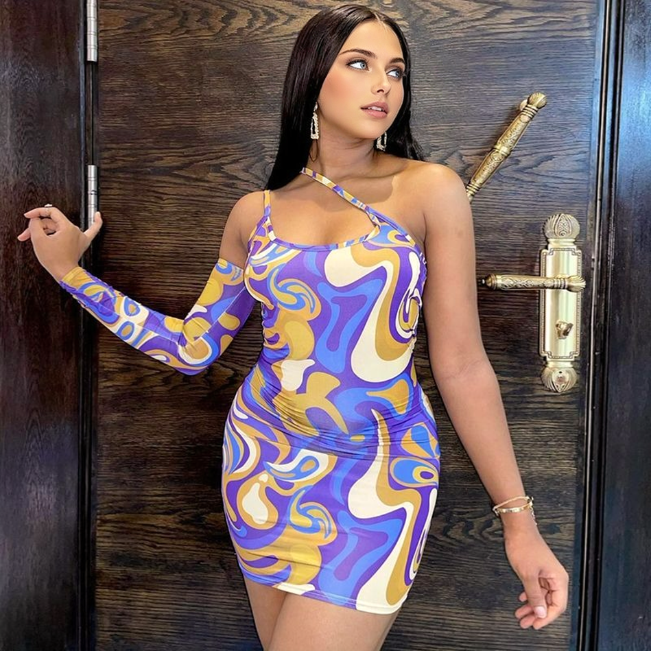 Julia Fashion - Sexy Slant Shoulder Backless Print Bodycon Mini Dress