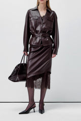 Elegant Lace Trim Leather Skirt