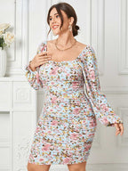 JuliaFashion-Long Puff Sleeve Square Neck Print Mini Sundress