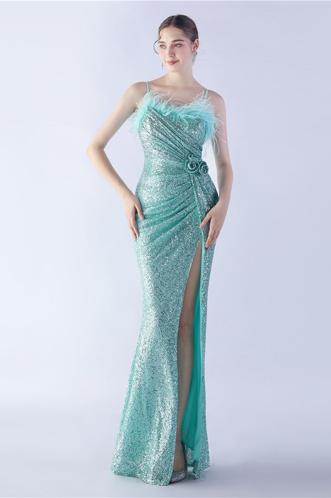 Ostrich Feather Embellished Maxi Dress