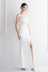 Elegant Feather Trim Strapless Formal Dress