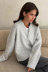 Pleated Knit O Neck Zipper Cardigan