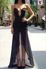 Polka Dot Ruched Lace Mesh Cami Maxi Dress