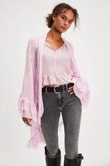 Sheer Flare Sleeve Tie Blouse