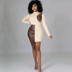 Julia Fashion - Women PU Eyelet Patchwork Color Blocking Mini Dress