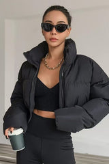 Cropped Patchwork Quilted Puffer Jacket S / Black