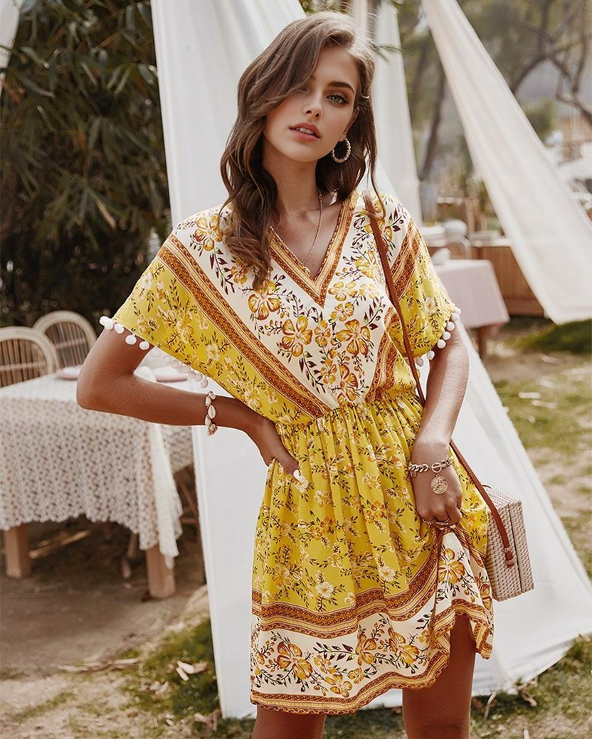 JuliaFashion - Short Sleeve Geometric Print Boho Dress