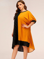 JuliaFashion-Contrast Color Round Neck Dot Ruffle Hem Dresses