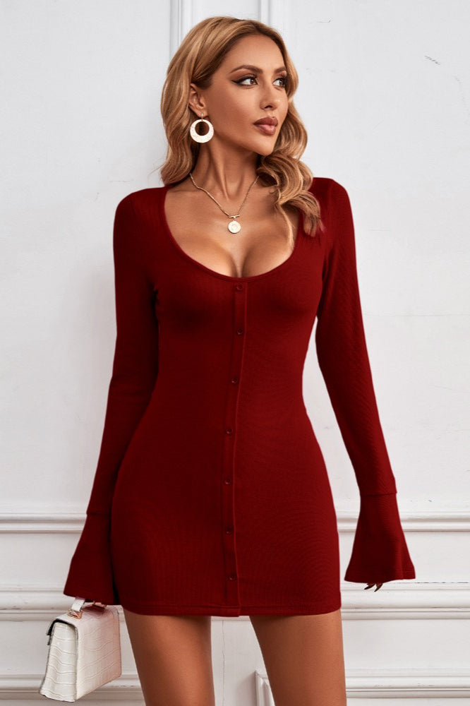Buttoned U-Neck Bodycon Sweater Dress S / Red