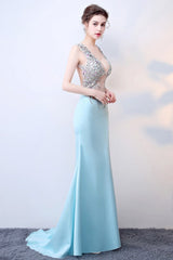 Sheer Blue Deep V Neck Maxi Party Dress