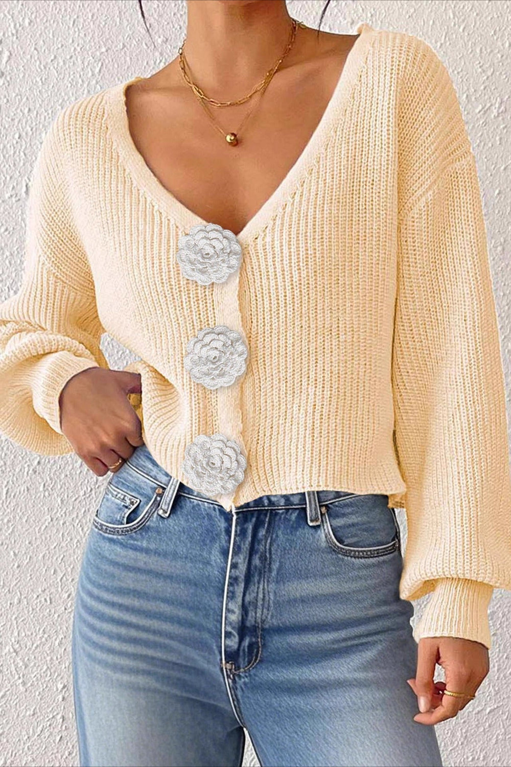 Button Front Crochet Knit Crop Sweater Beige / S