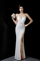 Sexy Slim Fishtail Party Dress with Belt White / S