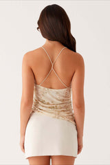 Printed Sequin Back Tie Tank Top