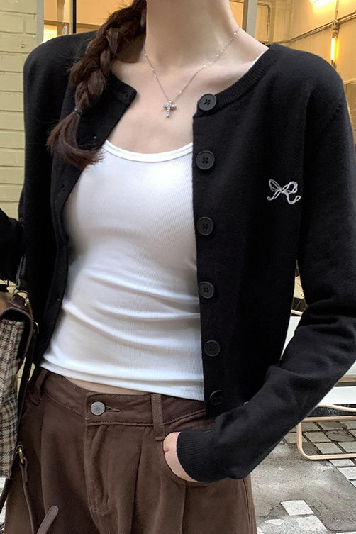 Bow Embroidered Knit Cardigan Black / S