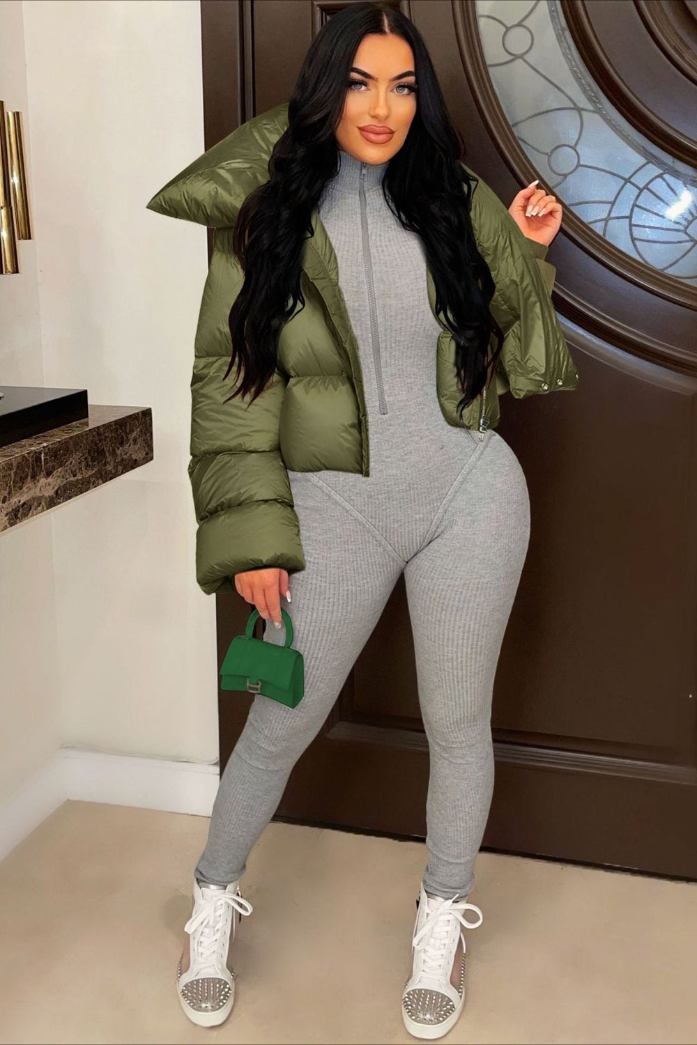 High Neck Scarf Collar Quilted Puffer Jacket S / Green