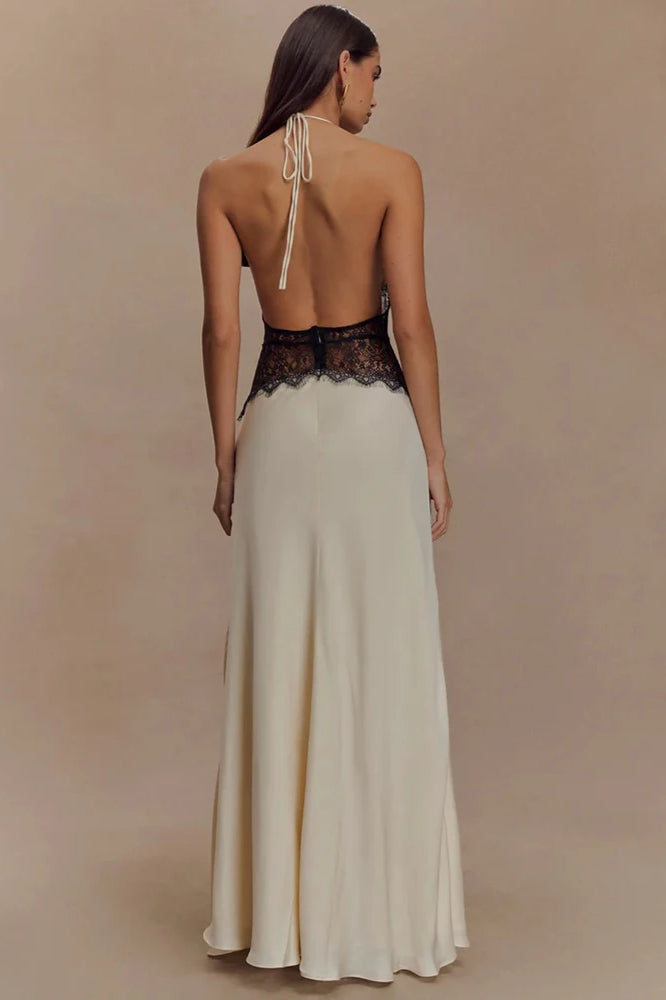 Lace Patchwork Backless Halter Boho Dress