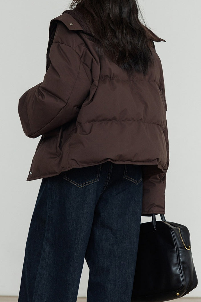 Knit Collar White Duck Down Puffer Jacket One Size / Brown