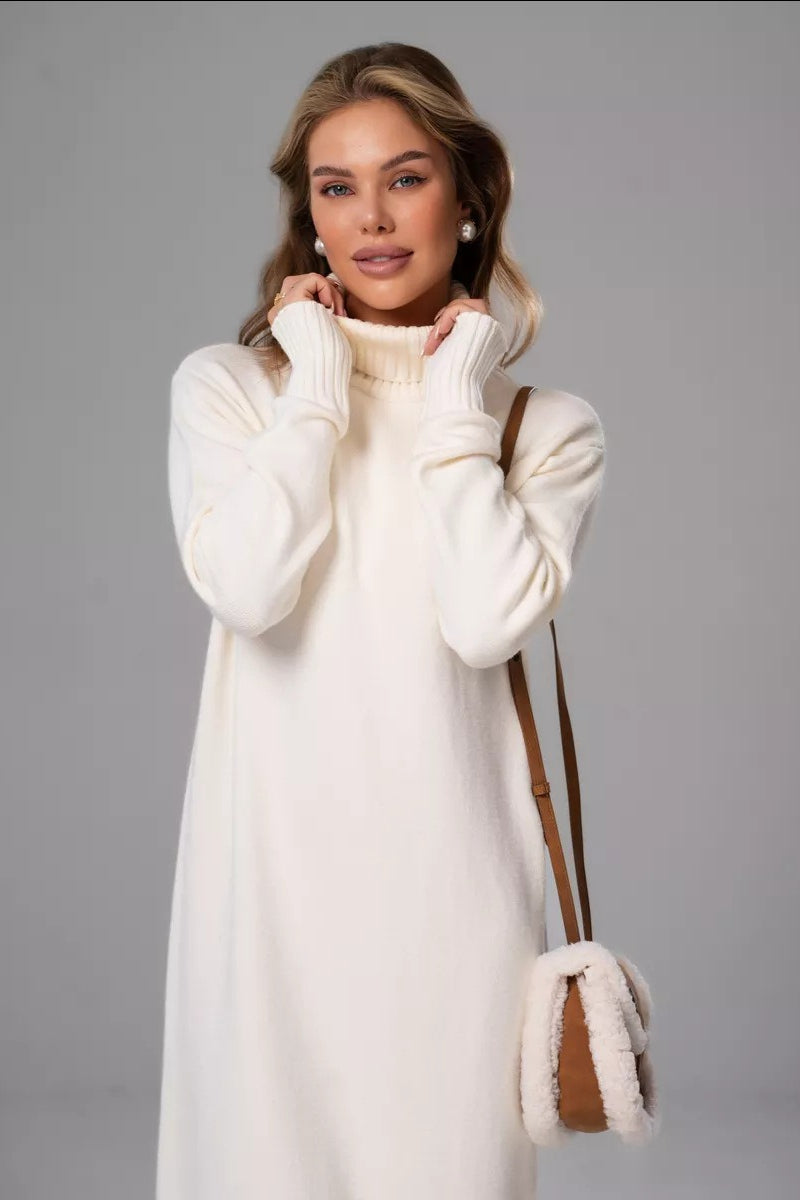 Loose Turtleneck Sweater Dress S / White