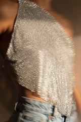 Metallic Mesh Rhinestone Off Shoulder Tank Top