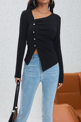 Ruched Button Detail Asymmetric Knit Top