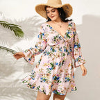 JuliaFashion-Long Sleeve V-Neck Sexy Floral Printed Mini Sundress