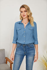 Long Sleeve Denim Lapel Blouse