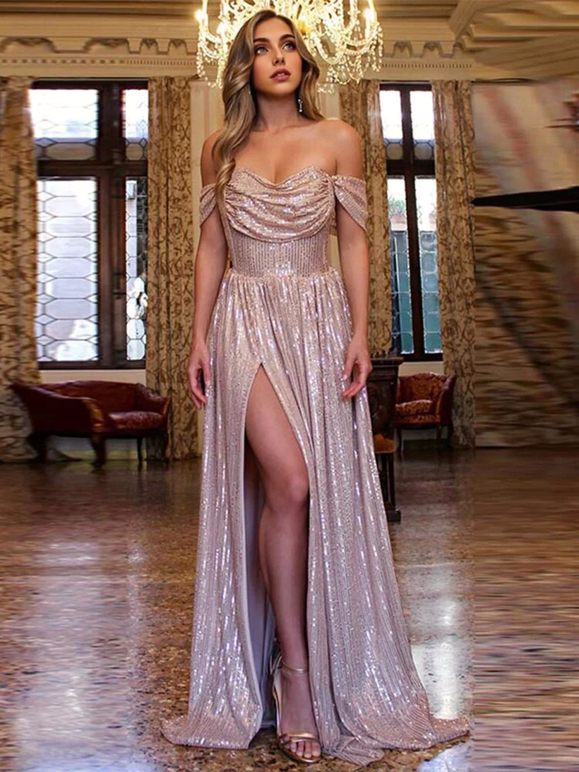 JuliaFashion - 2024  Solid Sequins Strapless Slim Split Dress