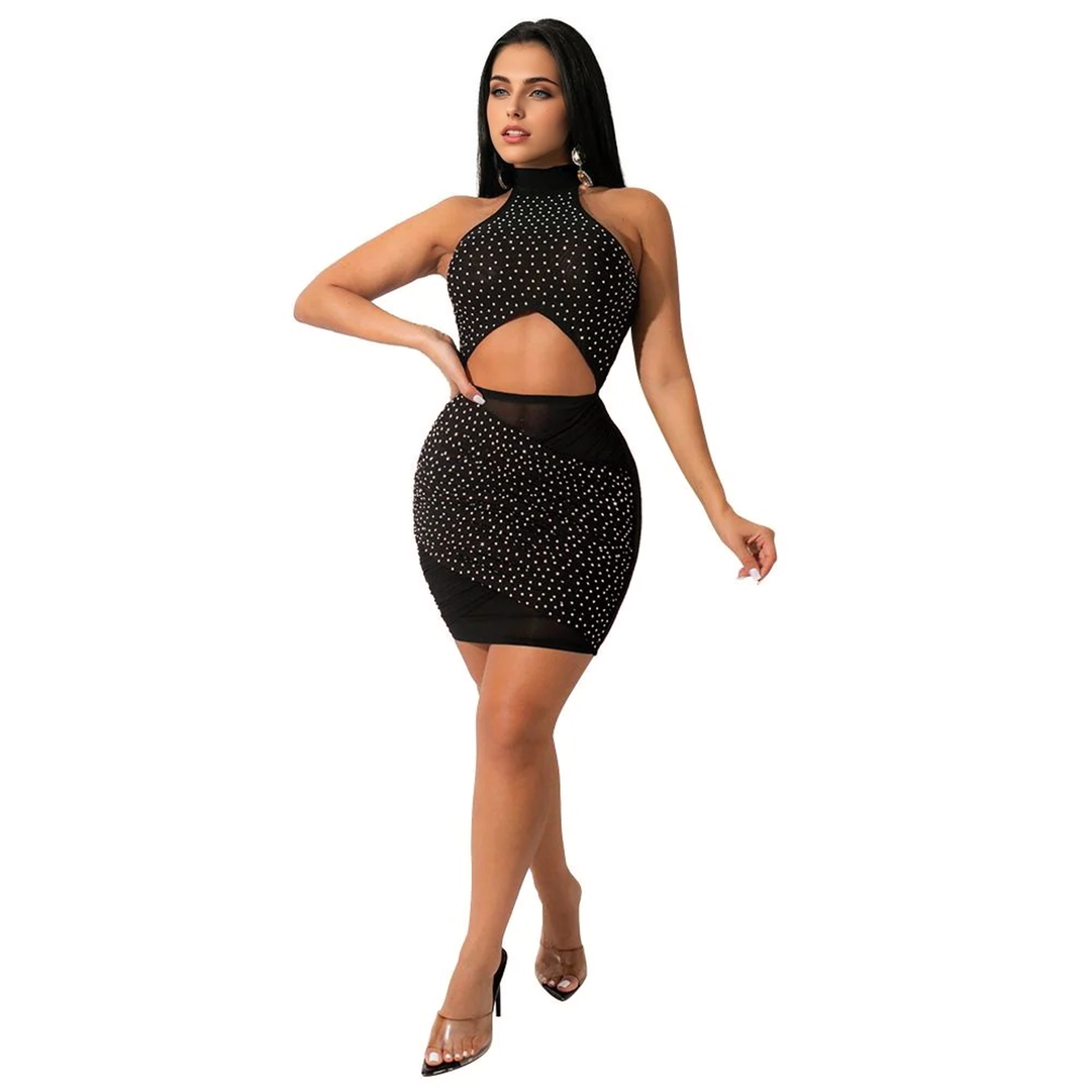 Julia Fashion - Women Halter Bandage Lace Up Glitter Mini Dress