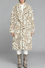 Leopard Print Faux Fur Notch Collar Overcoat