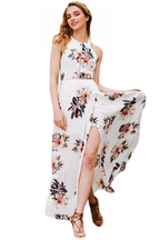 JuliaFashion - White Floral Cutout Back Halter Split Maxi Boho Dress