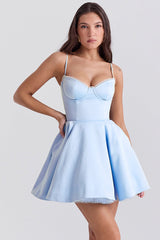 Spaghetti Strap Puff Mini Party Dress S / Blue