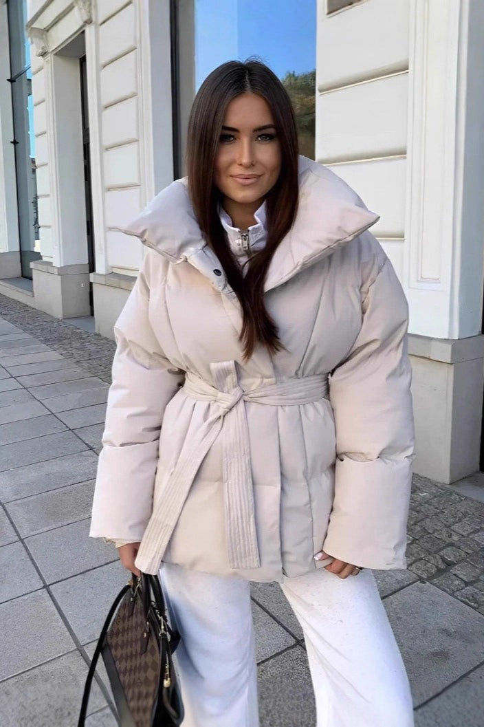 Oversized Solid Color Belted Puffer Jacket S / White